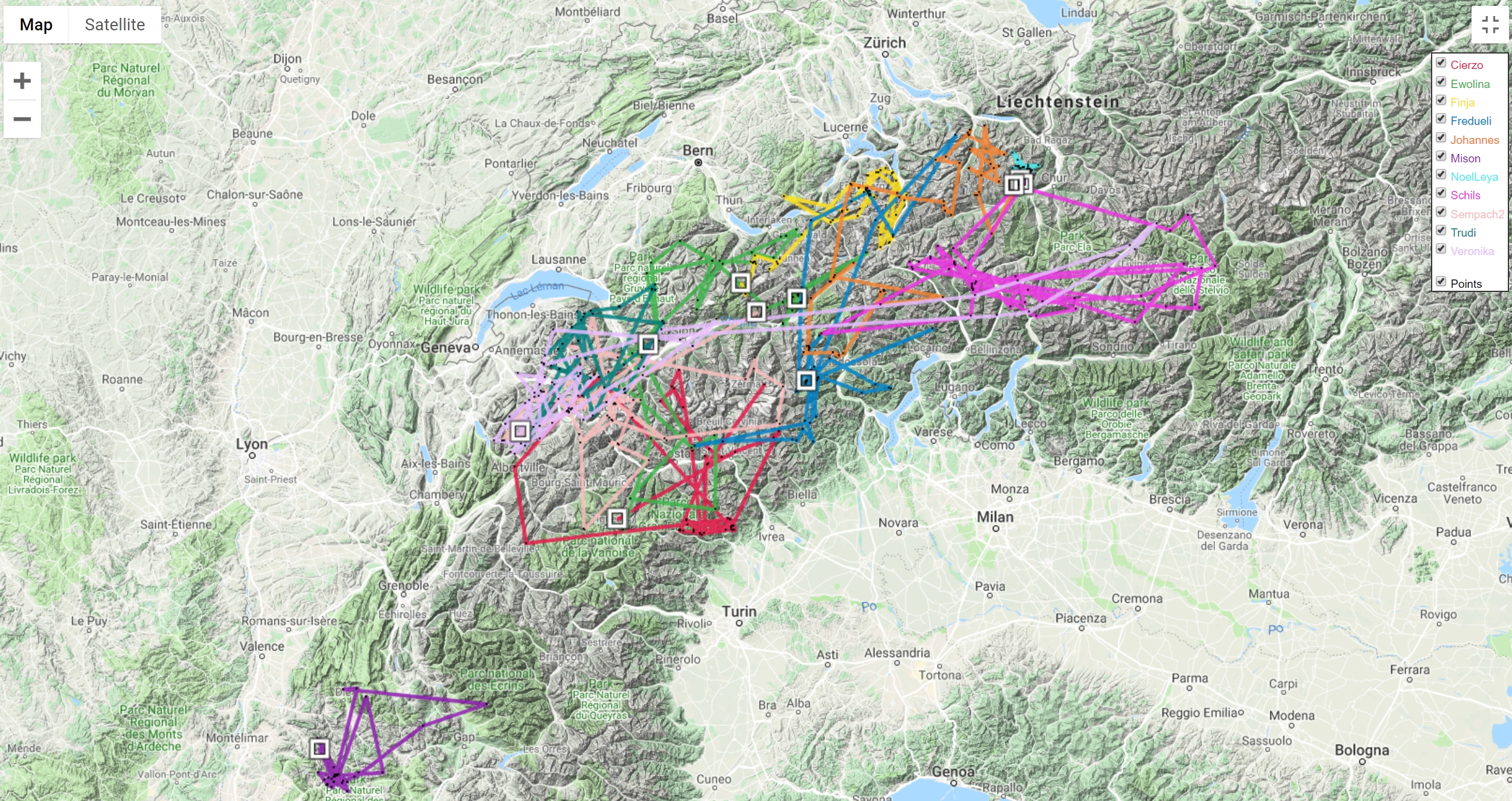 Map with several animals in one